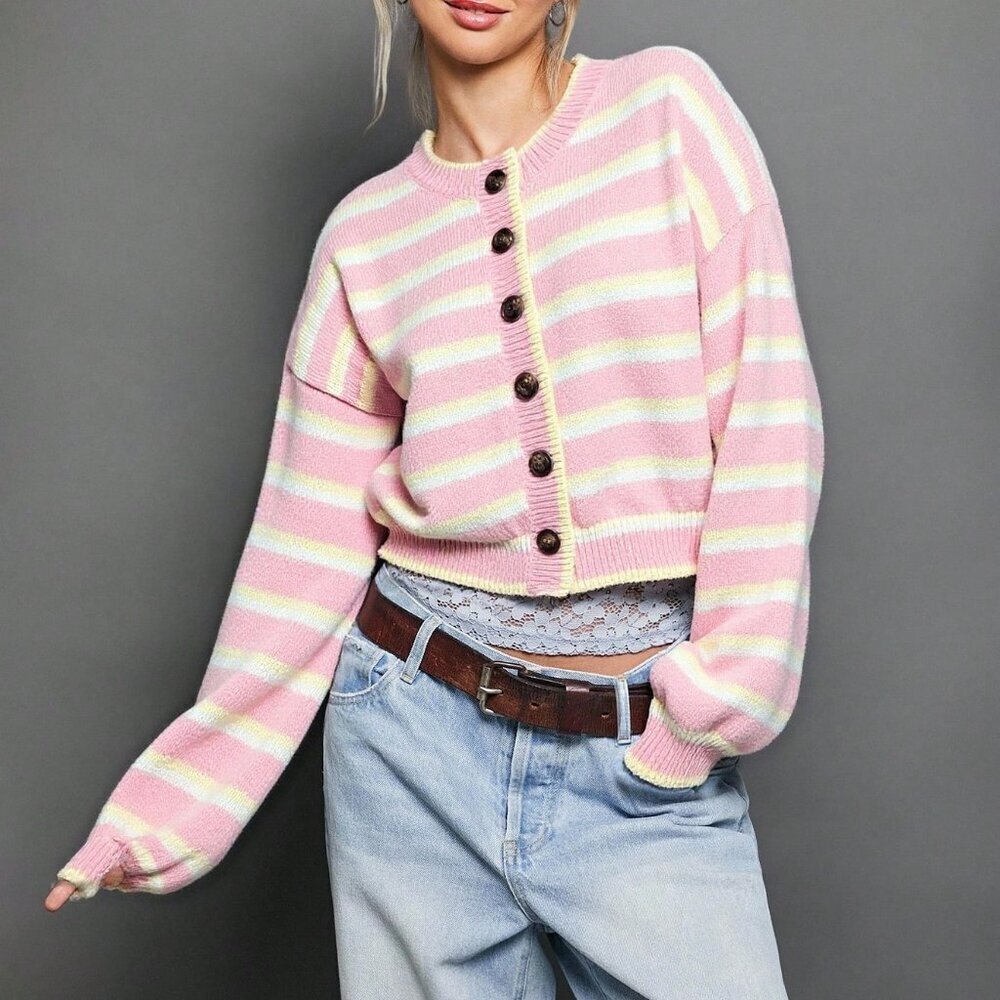 Pink Chic Women's Striped Crewneck Cardigan - Picture 5 of 8